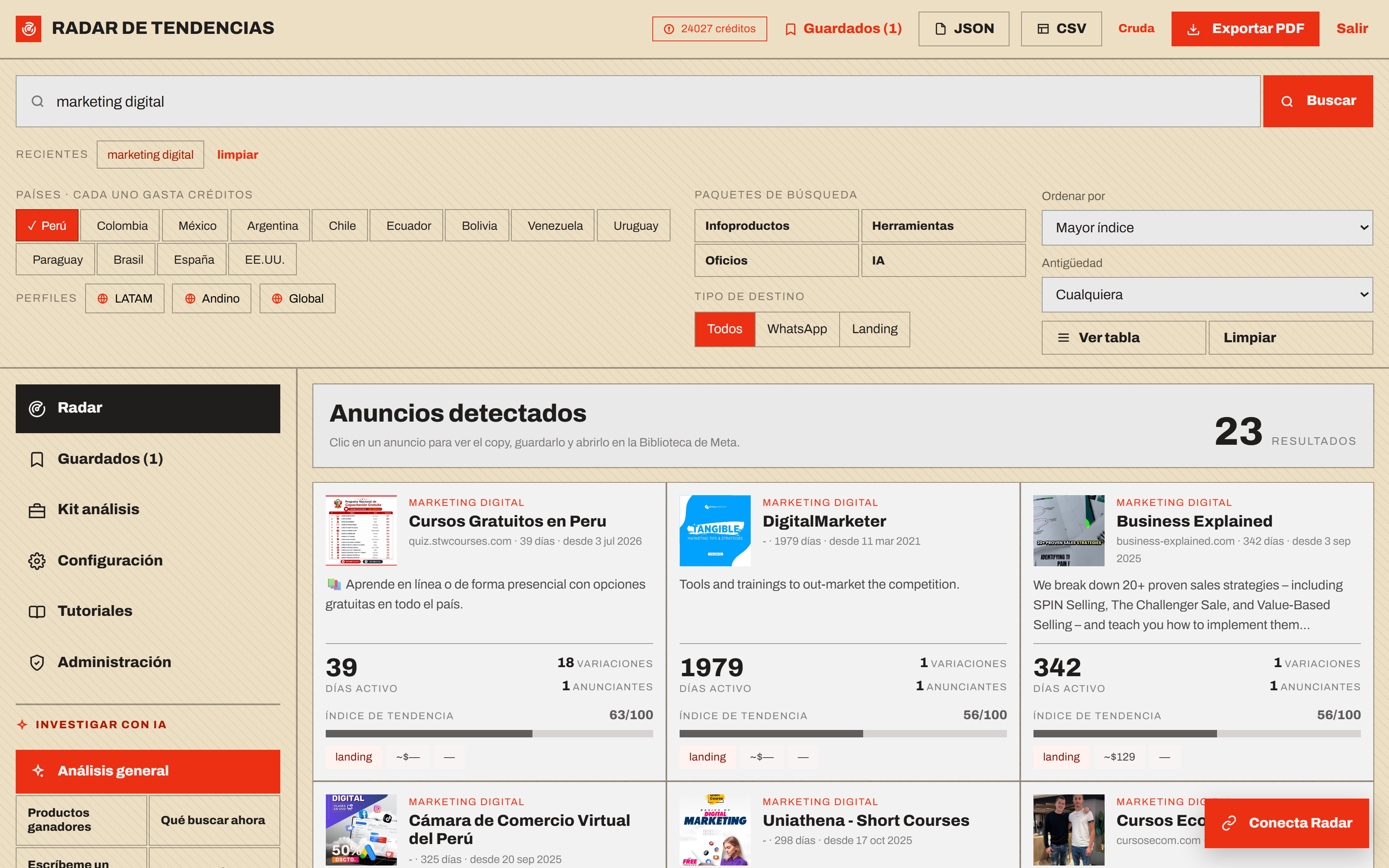 Panel del Radar con anuncios detectados