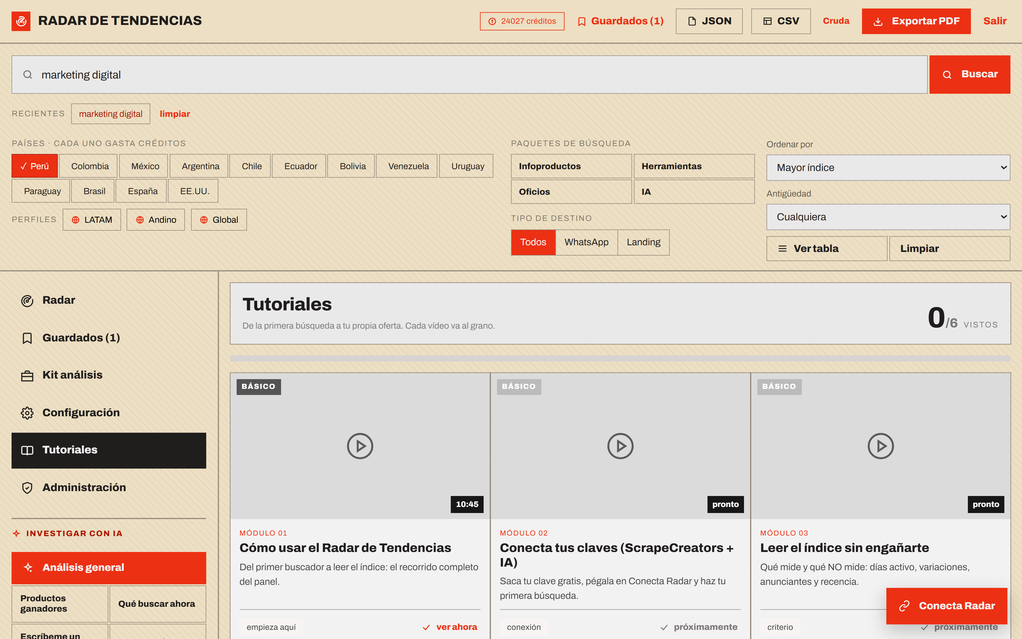 Sección de tutoriales dentro de la plataforma